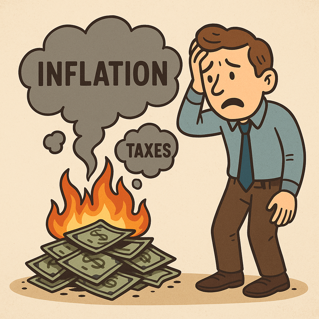 Cash Drag - Inflation and taxes burning cash savings, showing the hidden cost of holding too much cash