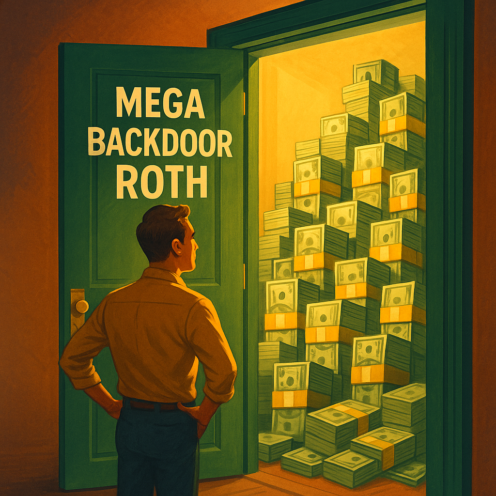 Person discovering piles of money through a back door labeled Mega Backdoor Roth—symbolizing tax-free savings strategy.
