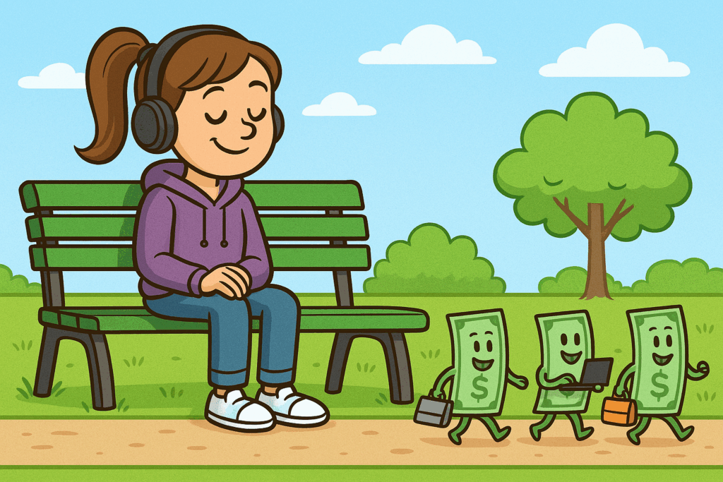 Teen girl smiling on park bench while cartoon dollar bills walk by as if going to work—symbolizing money working for her.