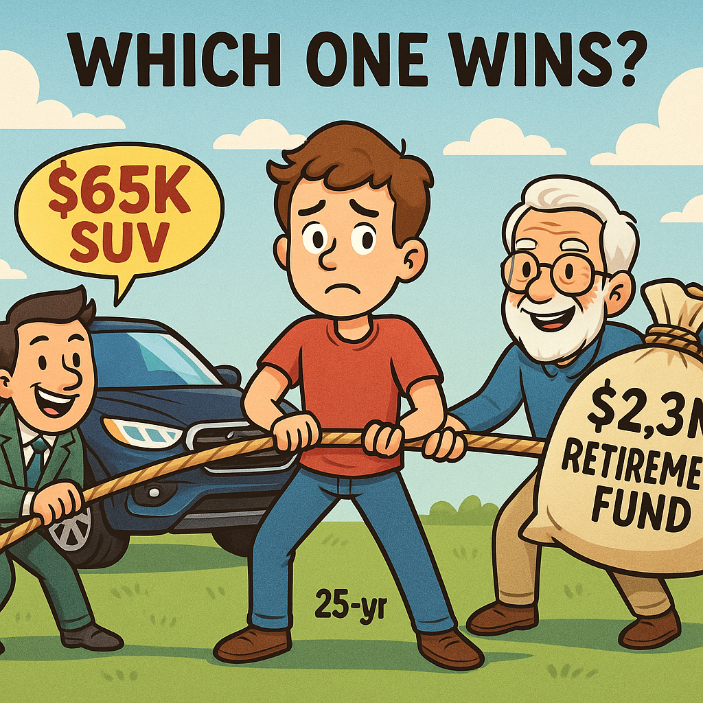 A cartoon-style illustration of a 25-year-old man caught in a tug-of-war. On one side, a smiling car salesman pulls toward a $65K SUV, while on the other side, the man’s older self tugs him toward a large money bag labeled "$2.3M Retirement Fund." The caption above reads, “Which one wins?”