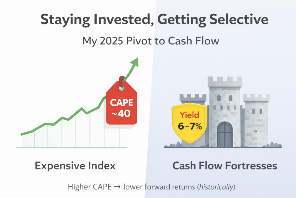 Split header graphic showing an “Expensive Index” with a CAPE ~40 price tag on the left and “Cash Flow Fortresses” with a 6–7% yield shield on the right.